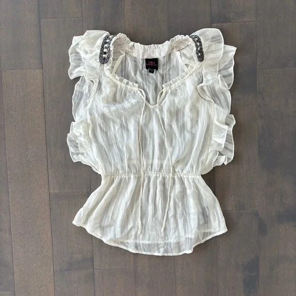 bebe White Sheer Ruffled Top - Picture 1 of 3